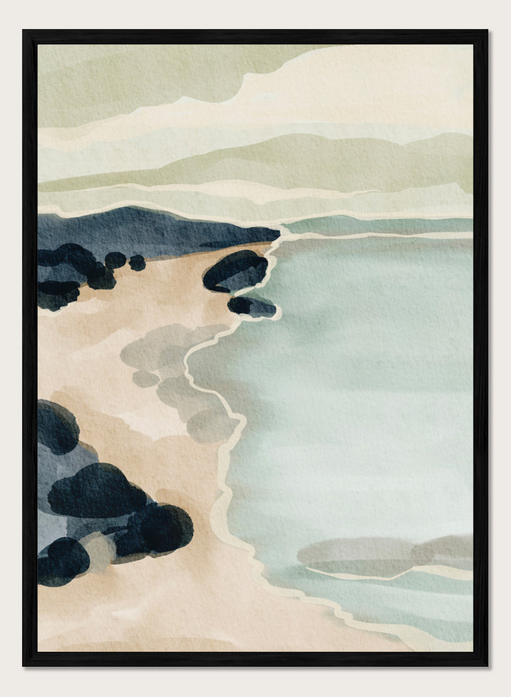 Shop Coastal Serenity by Nikita Jariwala, a modern coastal wall art print featuring a soft shoreline, abstract seascape, rocky beach, and pale blue, sage, and cream tones.