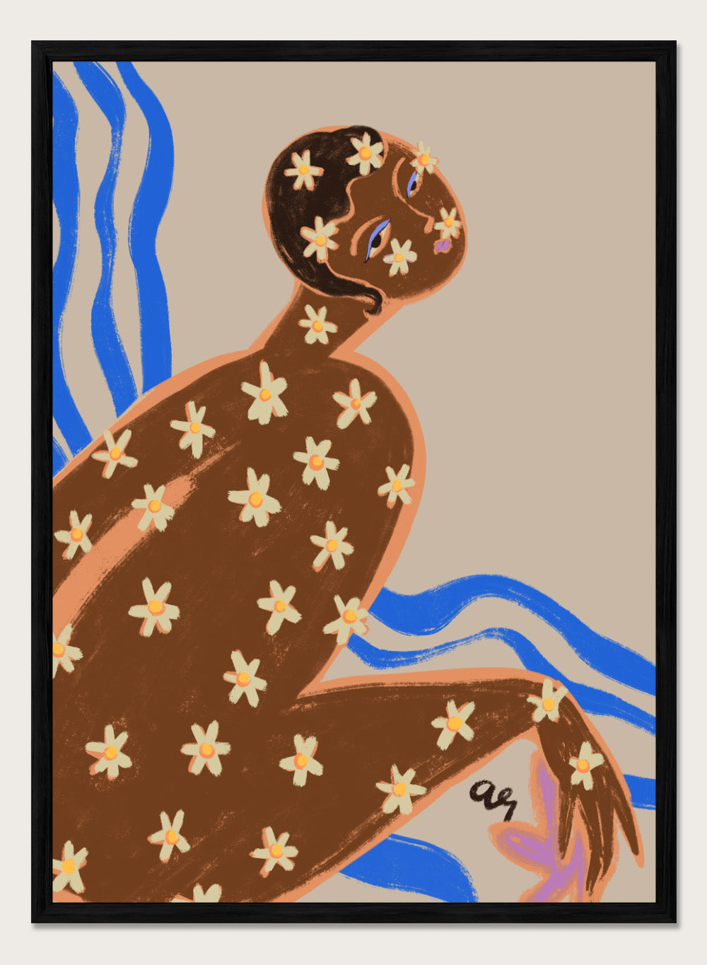 Artistic illustration of a person with floral patterns on a beige background. Blooming Daisy by Arty Guava is a modern woman floral art print with daisies and bold blue lines. Officially licensed contemporary wall poster.