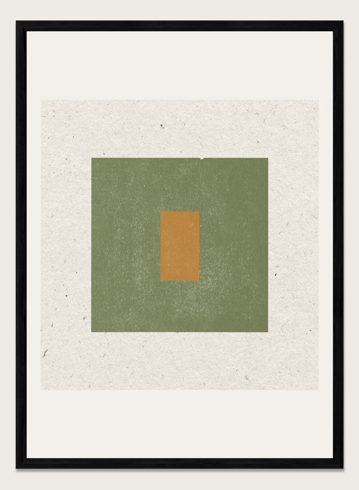 Abstract art with a green square and a smaller brown rectangle on a textured beige background. Minimalist Harmony by The MIUUS Studio is a minimalist abstract art print and wall poster featuring geometric shapes, neutral tones, and modern textured design.