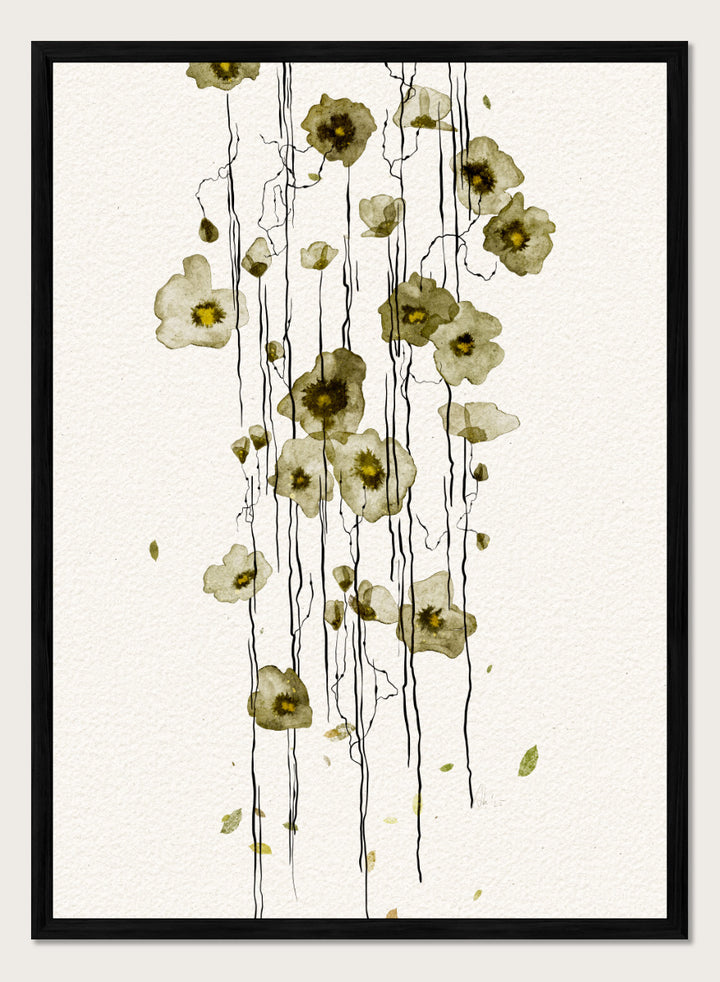 Shop Flowing Green Flowers by Ankie Kooi, a modern floral wall art print poster with abstract botanical line art, watercolor flowers, green tones, and cream.