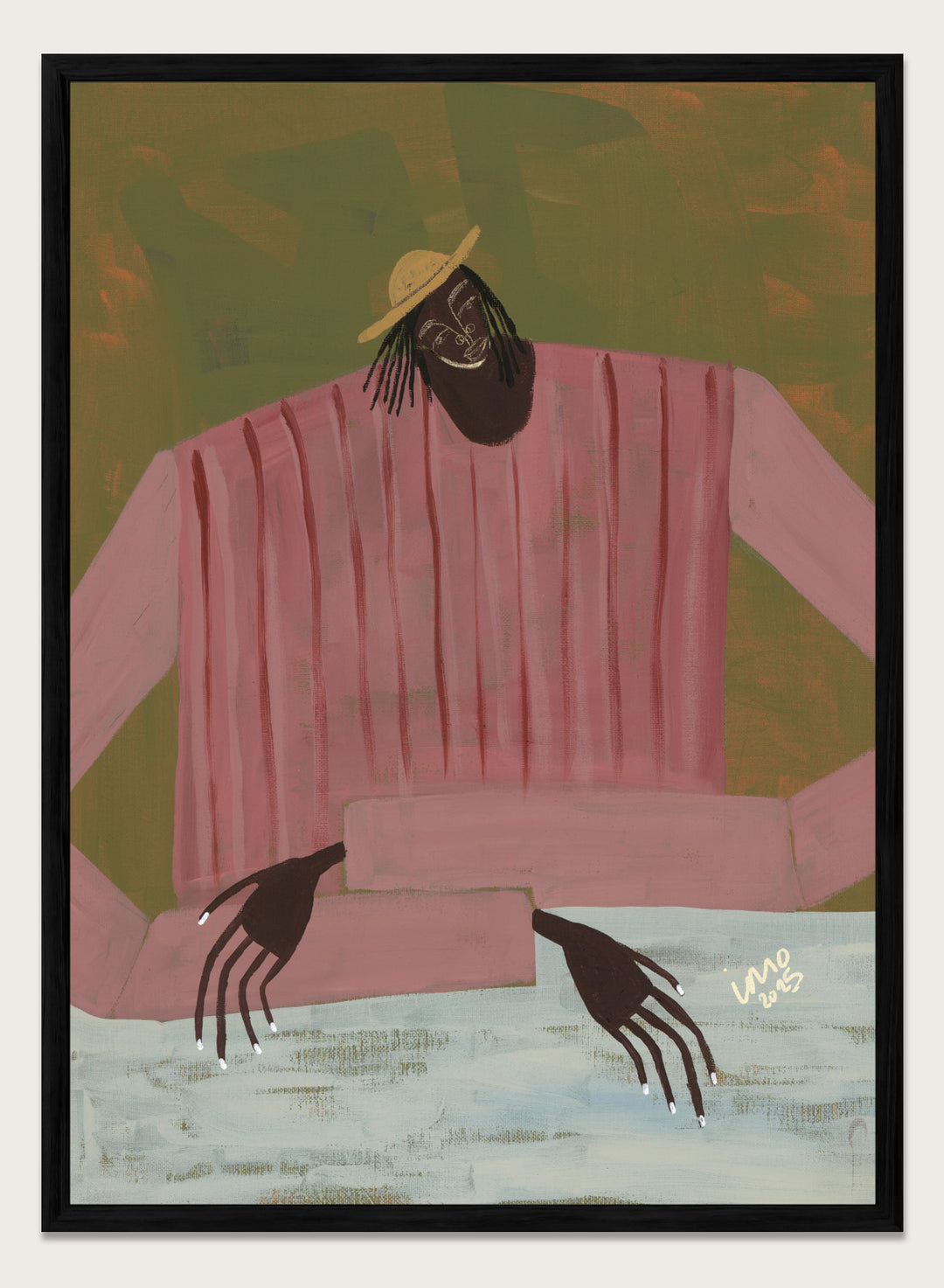 Artistic depiction of a person wearing a pink shirt and straw hat on a textured background. For Now I Don’t Know by Studio IMO (Ibi Meier-Oruitemeka) is a modern figurative art print with a seated figure and contemporary portrait wall poster design.