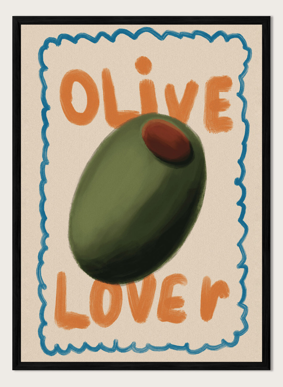 An art print featuring a stylized illustration of an olive with the words &