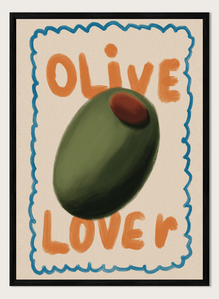 An art print featuring a stylized illustration of an olive with the words &