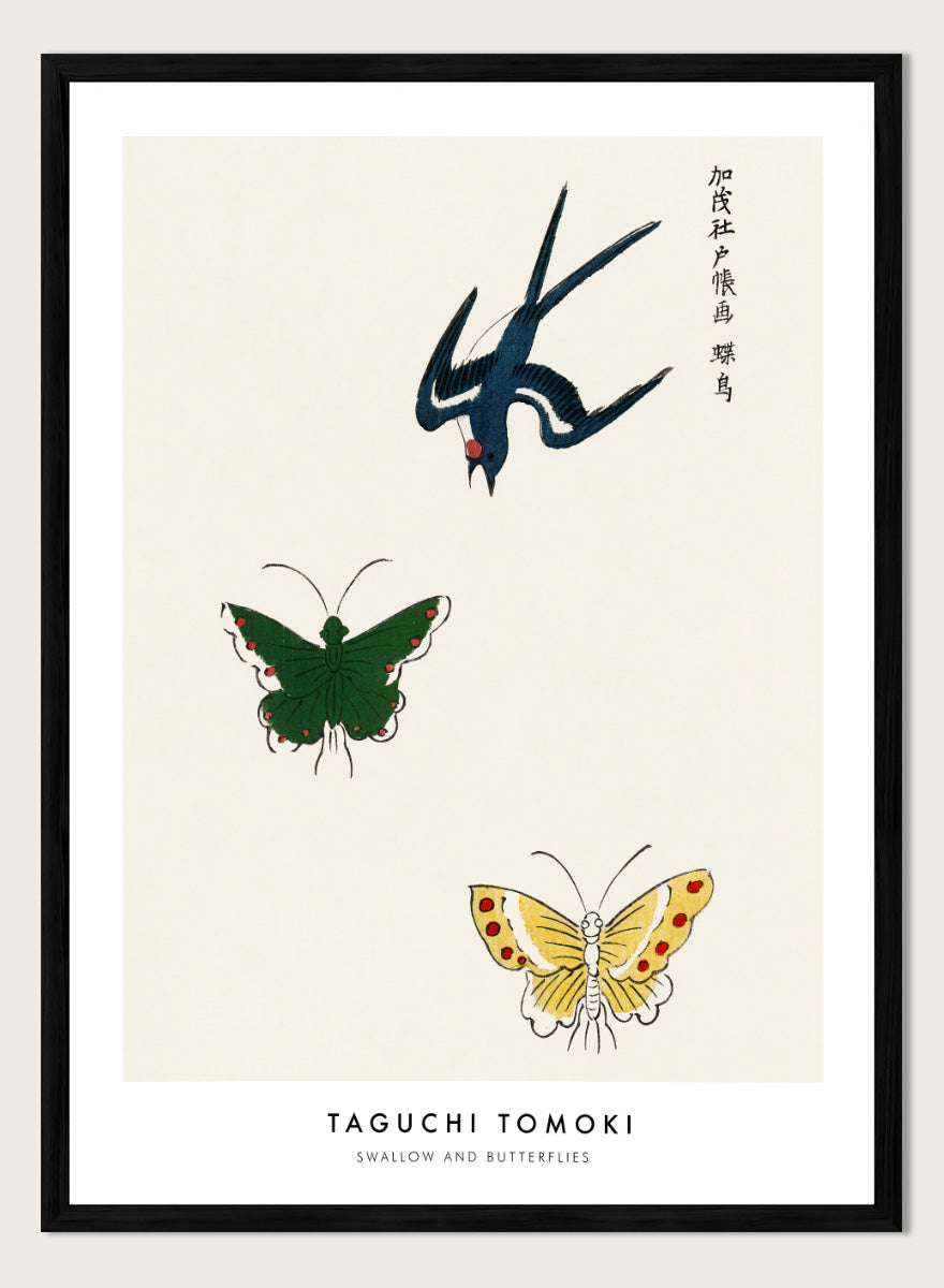 Swallow and Butterflies by Taguchi Tomoki from Yatsuo no Tsubaki is a vintage Japanese woodblock art print featuring a blue swallow and colorful butterflies on warm ivory.