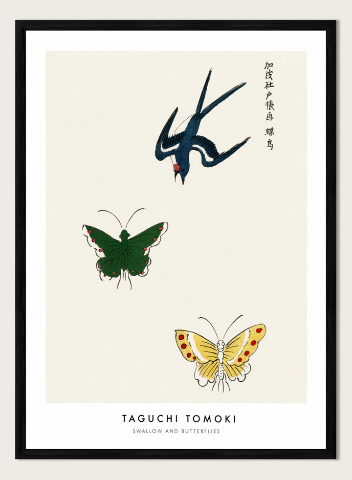 Swallow and Butterflies by Taguchi Tomoki from Yatsuo no Tsubaki is a vintage Japanese woodblock art print featuring a blue swallow and colorful butterflies on warm ivory.