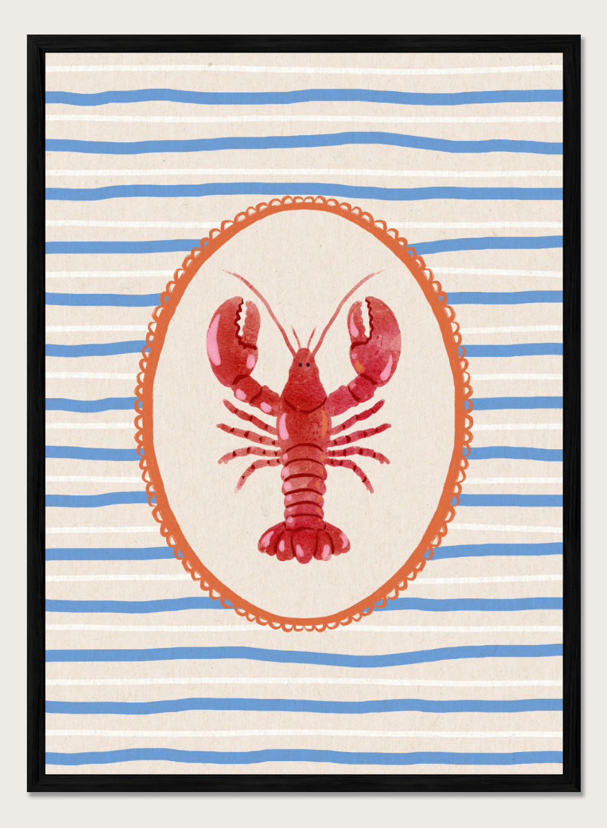 Red Lobster Stripes by Katarzyna Gąsiorowska coastal kitchen art print featuring a red lobster, blue stripes, and vintage Mediterranean-inspired details.