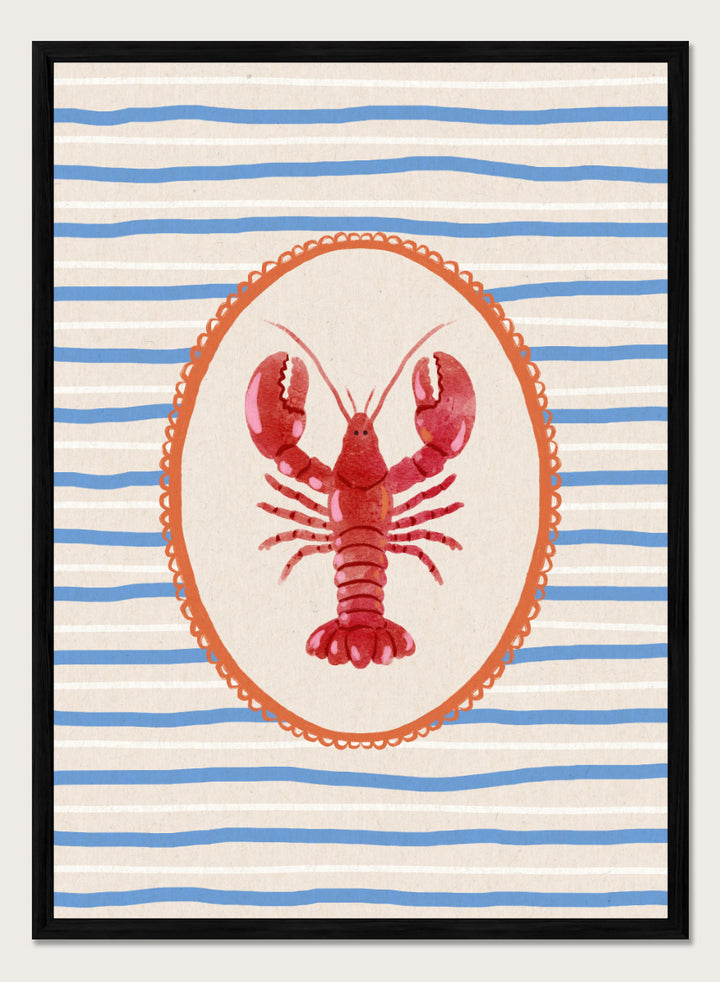 Red Lobster Stripes by Katarzyna Gąsiorowska coastal kitchen art print featuring a red lobster, blue stripes, and vintage Mediterranean-inspired details.