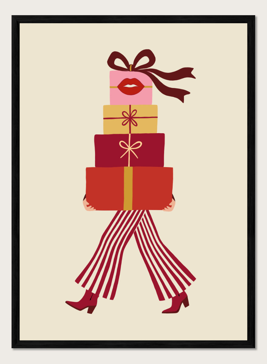 Shop Fashionable Gift Shopping by Dominique Vari, a festive fashion wall art print poster featuring stacked presents, striped trousers, red boots, and retro holiday colors.