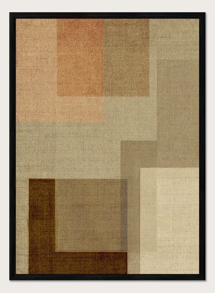 An abstract geometric area rug with a textured linen-like weave, featuring overlapping rectangles in shades of beige, brown, tan, and a muted peach-pink. Shop Muted Geometric Layers by Dan Hobday, a neutral abstract art print featuring layered geometric forms, soft earthy tones, and subtle woven texture.