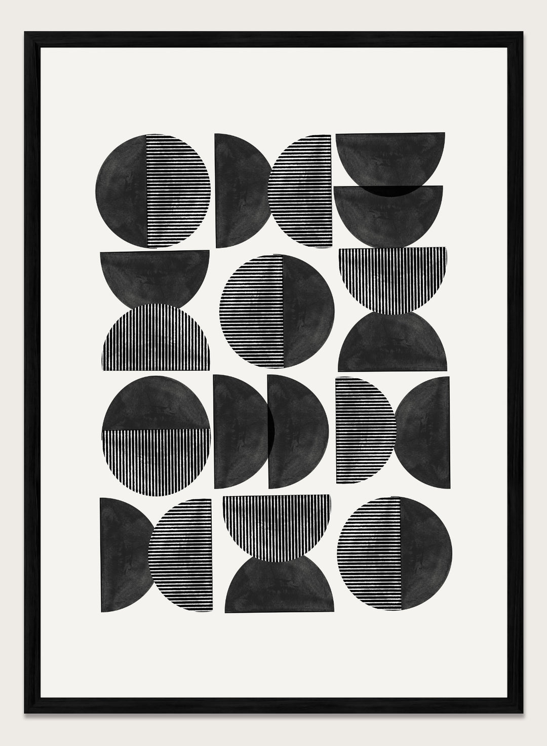 Geometric pattern of black semi-circles on a white background. Geometric Rhythm by The MIUUS Studio is a minimalist abstract art print and wall poster featuring repeating geometric shapes, black and white tones, and modern striped textures.