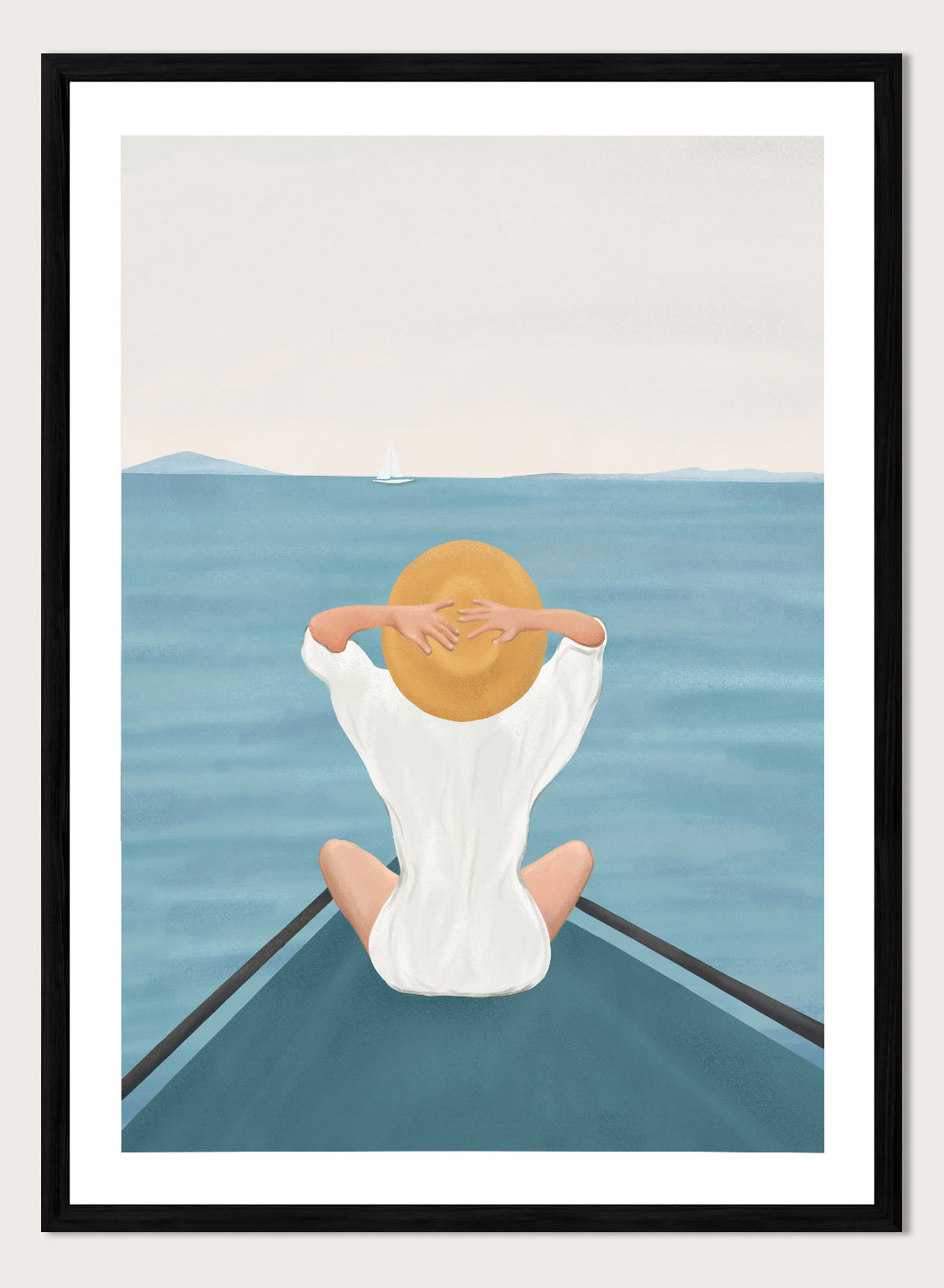 Person sitting on a dock over water wearing a white dress and straw hat. Ocean Escape by Flow Line features a woman sitting on a boat overlooking the sea, creating a coastal art print inspired by travel, summer, and ocean living.