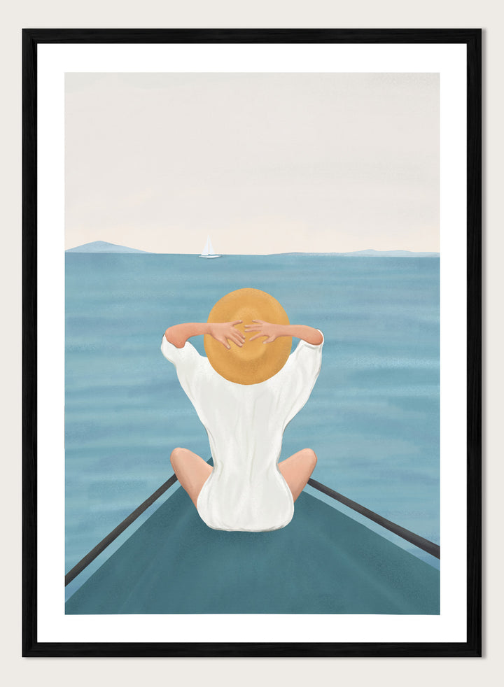 Person sitting on a dock over water wearing a white dress and straw hat. Ocean Escape by Flow Line features a woman sitting on a boat overlooking the sea, creating a coastal art print inspired by travel, summer, and ocean living.