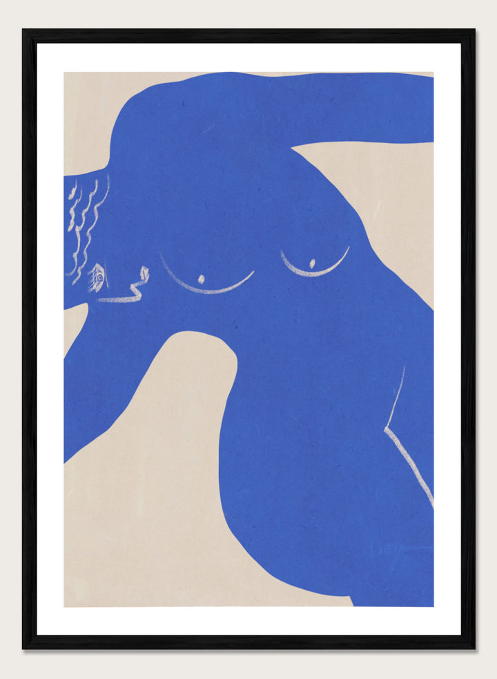 Bold Blue Silhouette art print by Little Dean. Contemporary abstract wall art featuring expressive blue shapes, minimalist portrait design, and modern illustration style.