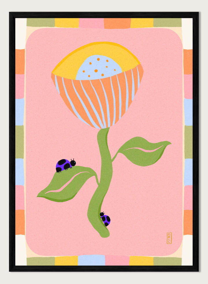 A stylized art print featuring a large flower with a yellow and orange striped bloom, green stem and leaves, and two ladybugs on a pink background with a multicolor border. Shop Pastel Flower Ladybugs by Dirkie Nell, a playful floral and insect art print featuring an oversized pastel flower, purple ladybugs, and a colorful retro border.