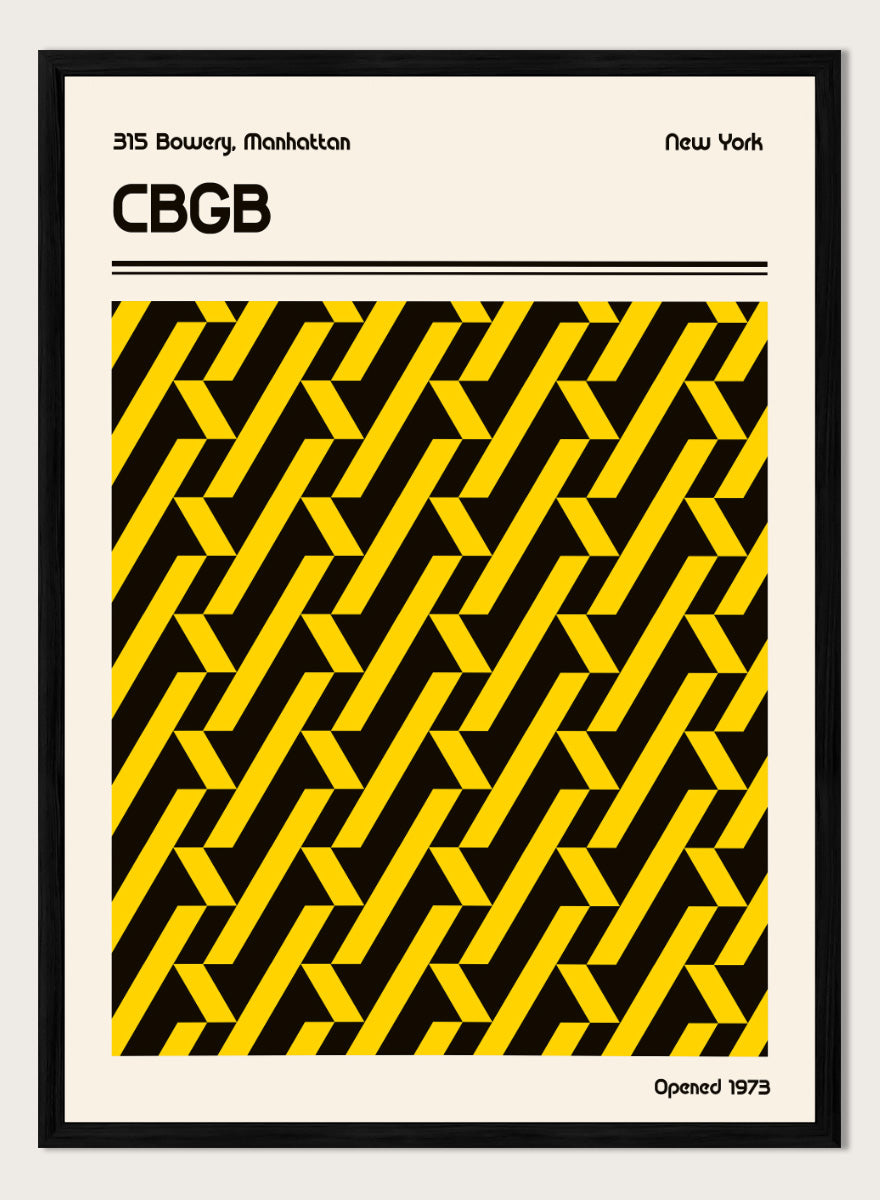 A vintage-style poster or print featuring a bold black and yellow geometric pattern in the center, with the text &