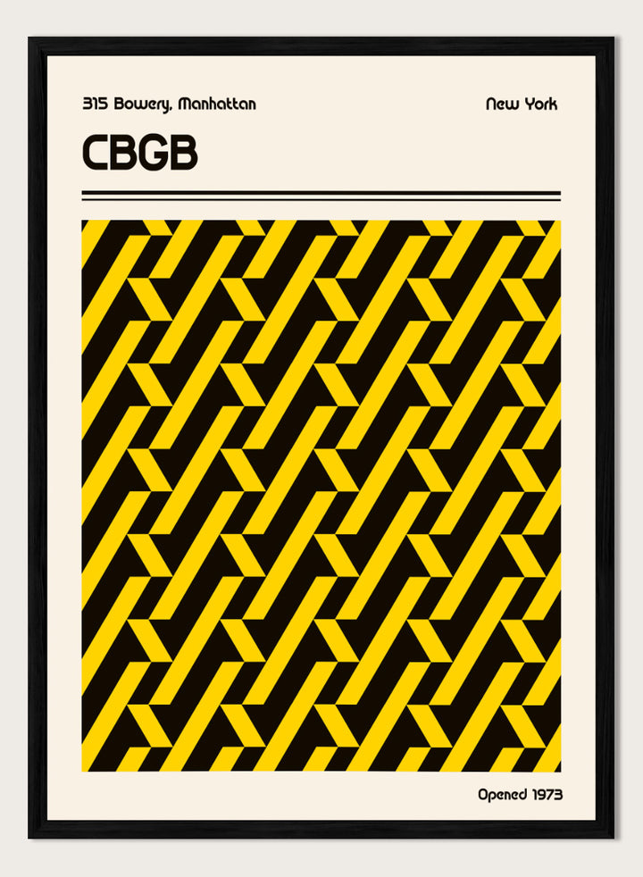 A vintage-style poster or print featuring a bold black and yellow geometric pattern in the center, with the text &