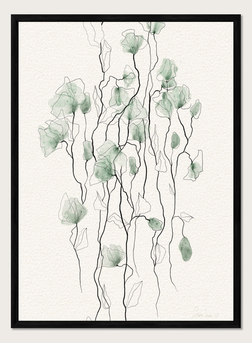 Shop Flowing Green Florals by Ankie Kooi, a botanical wall art print poster with green flowers, watercolor florals, and delicate line art stems.