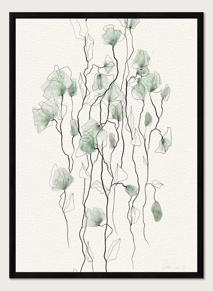 Shop Flowing Green Florals by Ankie Kooi, a botanical wall art print poster with green flowers, watercolor florals, and delicate line art stems.