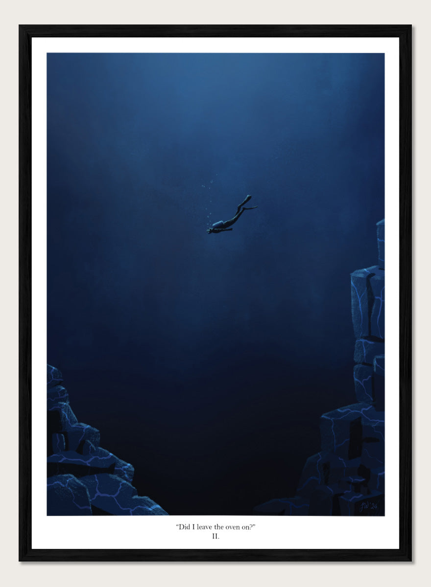 A framed art print featuring a dark blue underwater scene with a diver floating in the center, flanked by glowing blue rock formations. Shop Deep Blue Diver by Jake Waldron, a minimalist diving wall art print featuring a lone deep-sea diver, underwater cliffs, and dramatic navy blue tones.