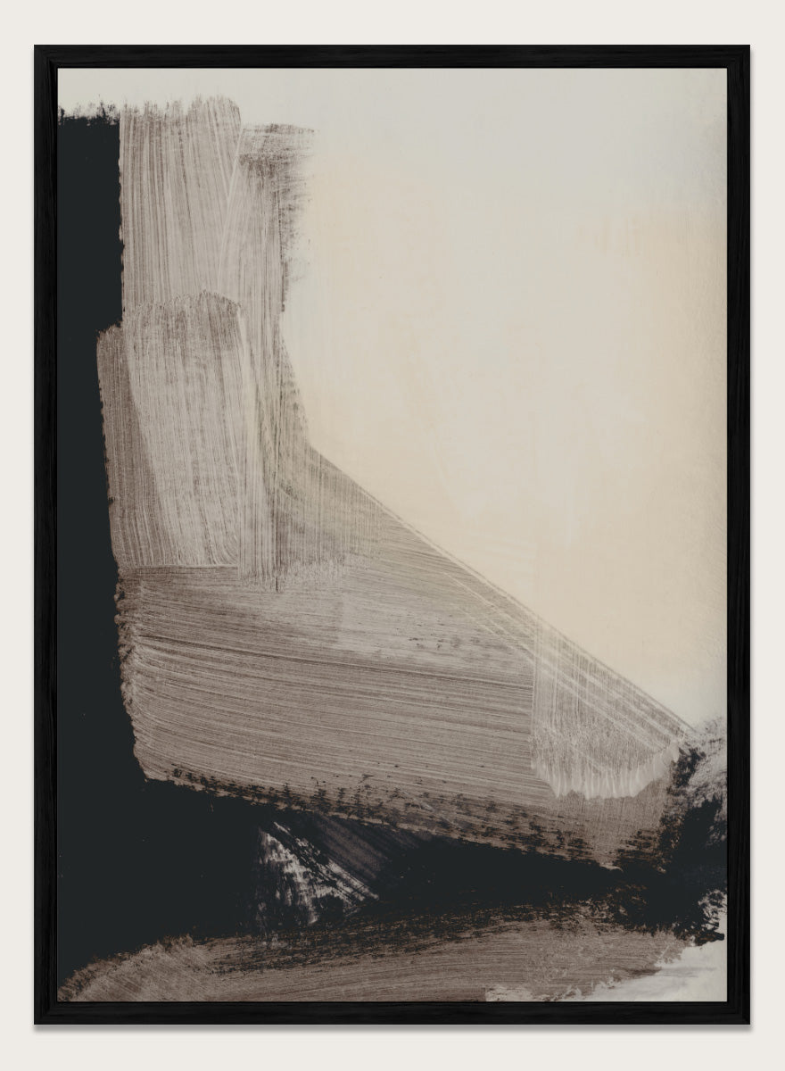 Shop Mellow No. 02 by Dan Hobday, a contemporary abstract art print featuring taupe, cream, and black forms with bold layered brush texture.