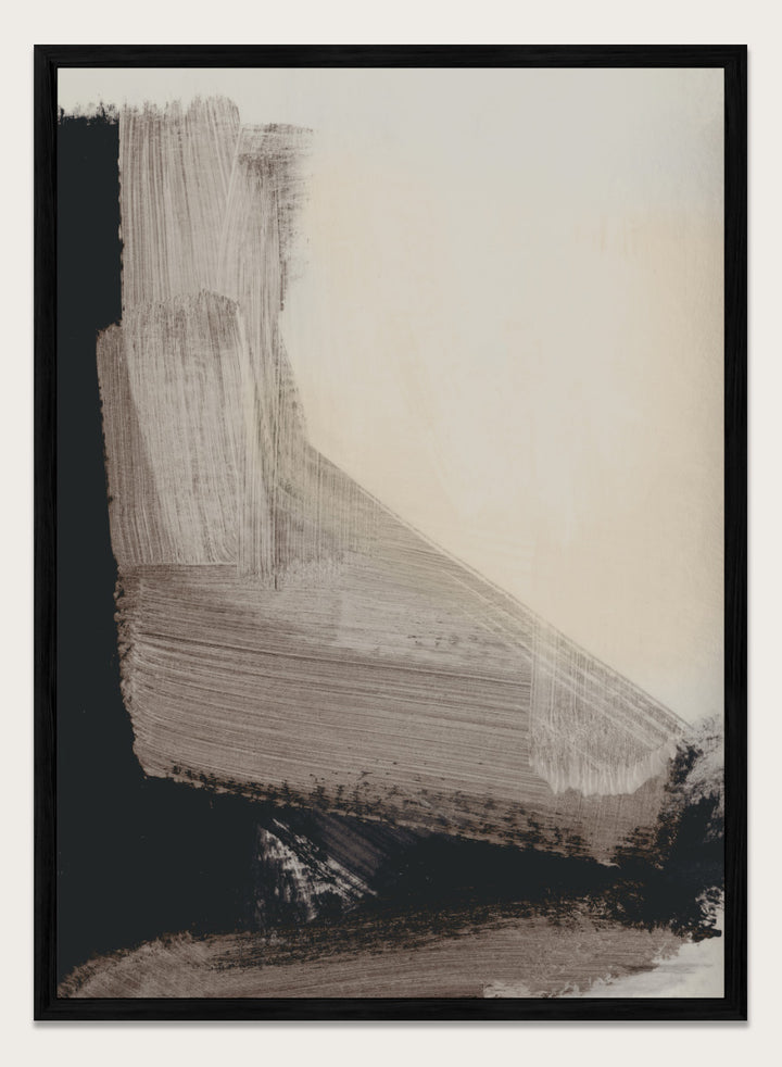 Shop Mellow No. 02 by Dan Hobday, a contemporary abstract art print featuring taupe, cream, and black forms with bold layered brush texture.