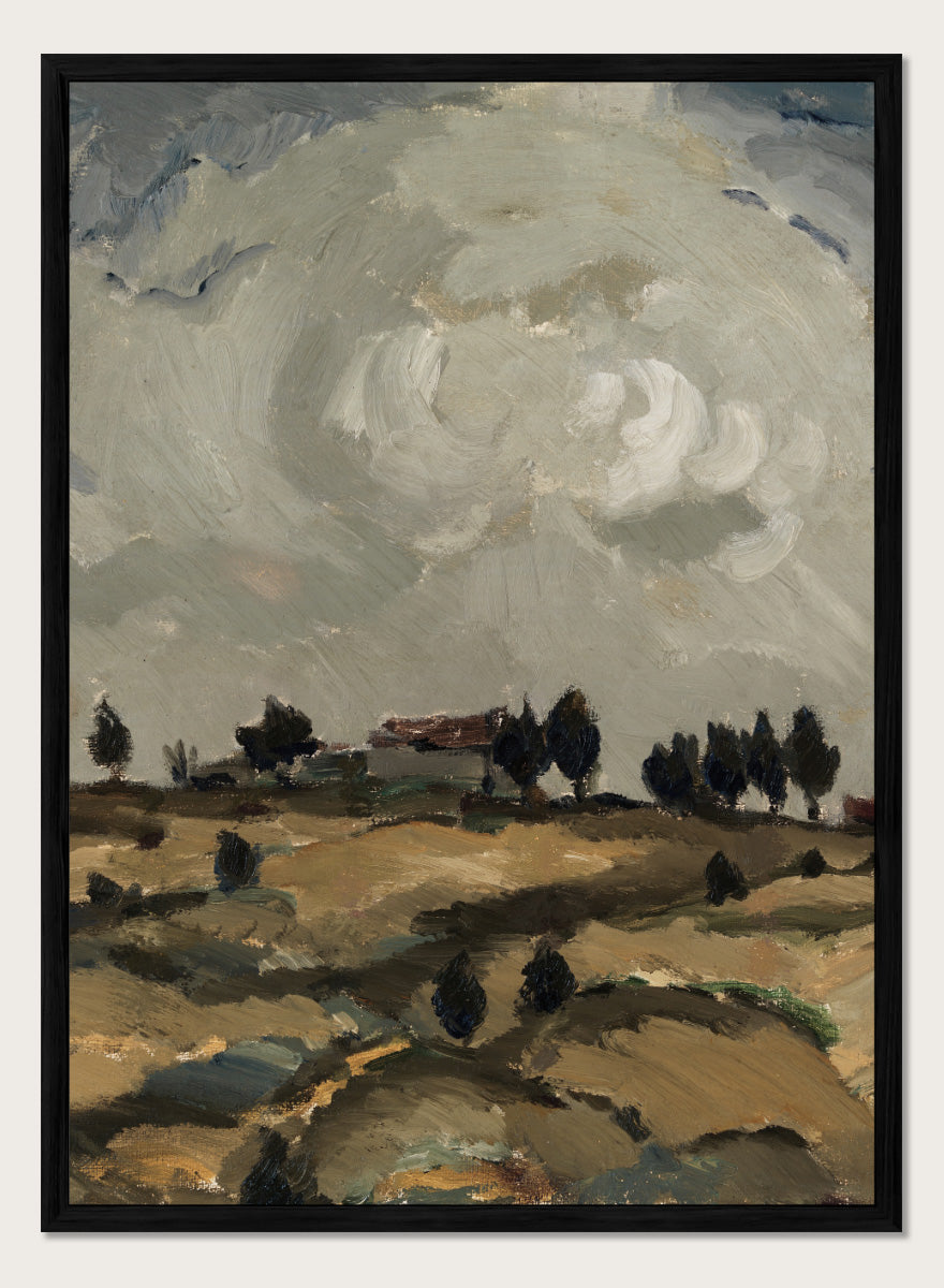 Shop Autumn Landscape with Clouds by Ilmari Aalto, a vintage Finnish landscape wall art print poster depicting rolling fields beneath a dramatic gray sky.