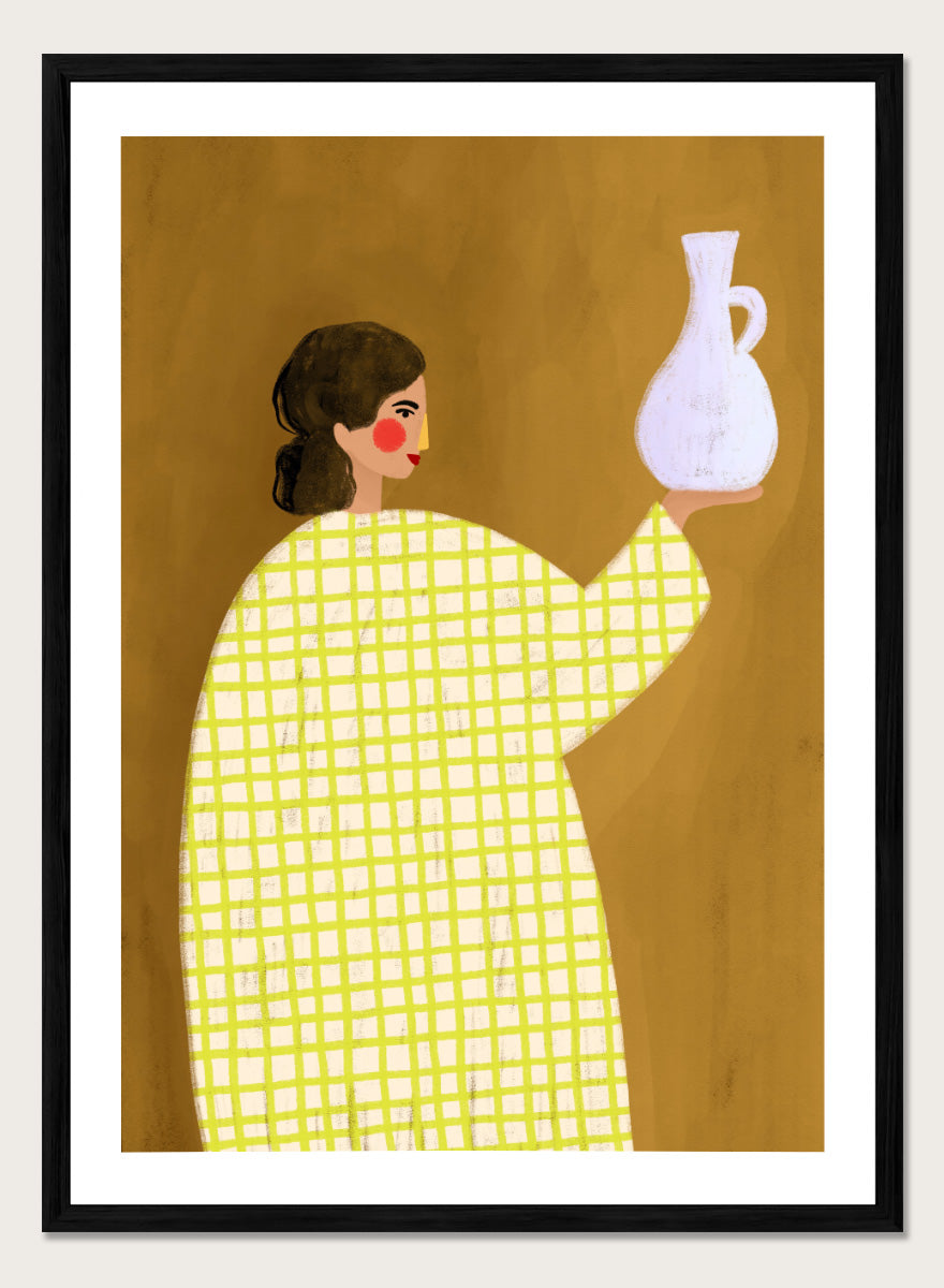 A framed art print featuring a stylized illustration of a woman in a yellow and white checkered dress holding a white jug against a warm brown background. Woman Holding Pottery by Bea Müller art print featuring a woman with a white ceramic jug, bold green checks, and warm mustard tones for modern decor.
