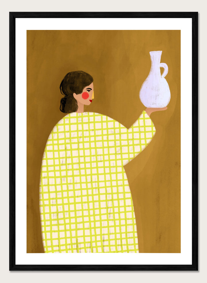 A framed art print featuring a stylized illustration of a woman in a yellow and white checkered dress holding a white jug against a warm brown background. Woman Holding Pottery by Bea Müller art print featuring a woman with a white ceramic jug, bold green checks, and warm mustard tones for modern decor.