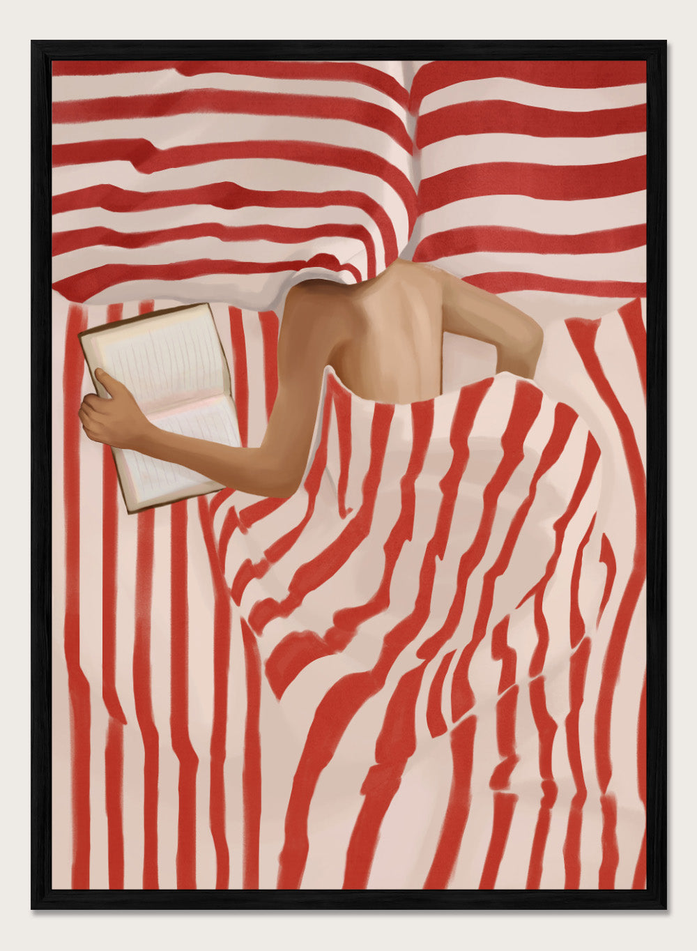 Between the Lines by Flow Line art print shows a woman reading in bed wrapped in red striped bedding. A modern lifestyle wall poster inspired by slow evenings.