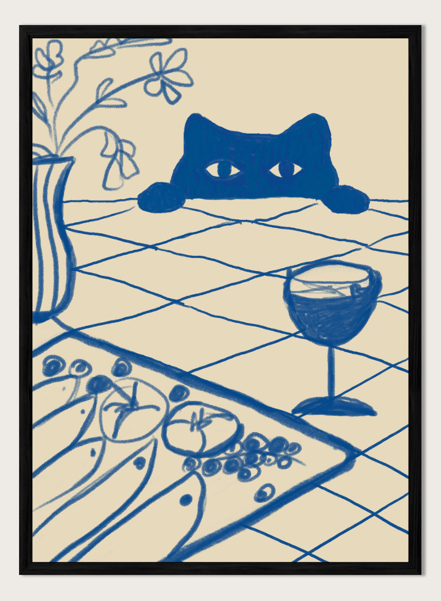 A stylized blue line-art illustration of a cat peeking over a table with a wine glass, flowers, and food, rendered in a cream background. Curious Blue Cat Dinner by The Art Concept is a playful cat art print featuring a peeking blue cat, table setting, flowers, and bold linework.