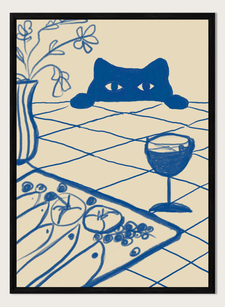 A stylized blue line-art illustration of a cat peeking over a table with a wine glass, flowers, and food, rendered in a cream background. Curious Blue Cat Dinner by The Art Concept is a playful cat art print featuring a peeking blue cat, table setting, flowers, and bold linework.