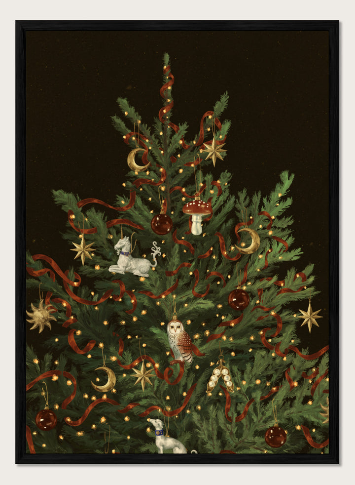 Shop Whimsical Christmas Tree by NKTN, a festive Christmas wall art print poster featuring woodland ornaments, red ribbon, stars, moons, and glowing lights.