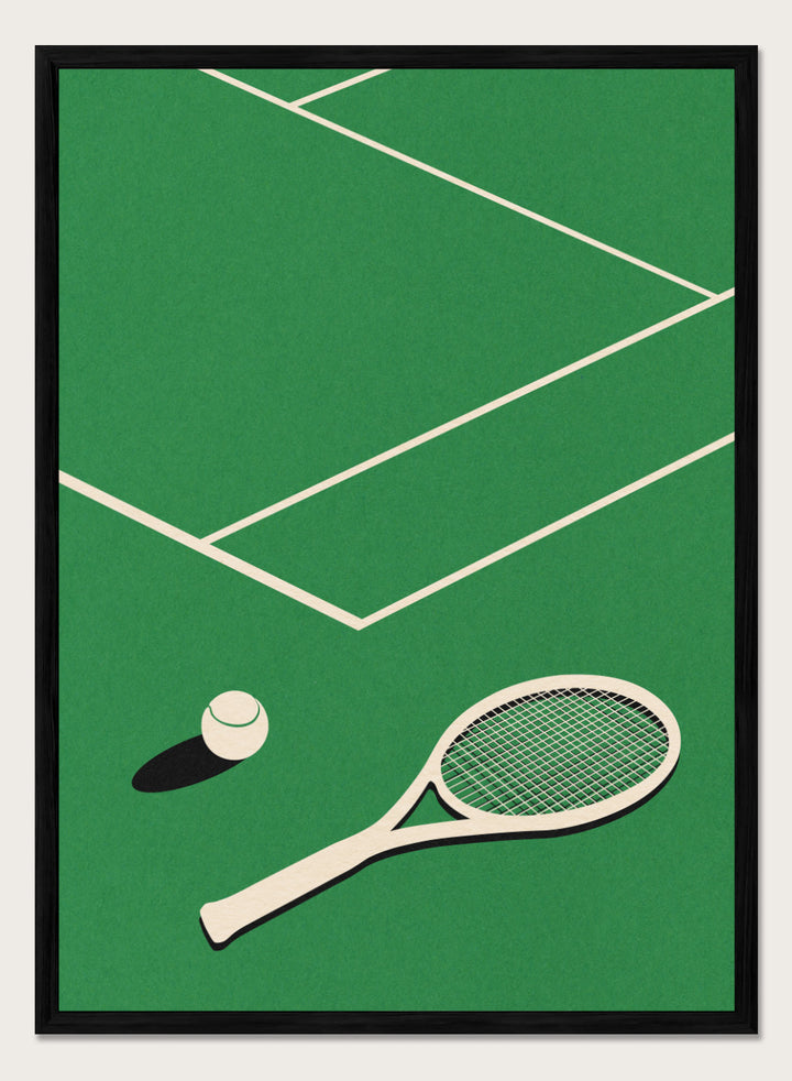 Tennis racket and ball on a green court with white lines. Lawn Tennis Club by Rosi Feist is a minimalist tennis court art print with modern Bauhaus design. Officially licensed fine art poster with framing.