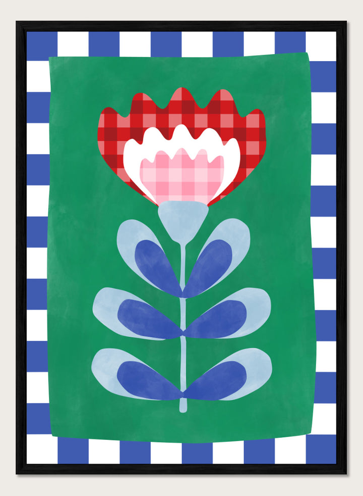 Shop Gingham Folk Flower by Elena Ristova, a colorful floral wall art print poster featuring gingham petals, checkerboard borders, and bold green, red, blue, and pink.