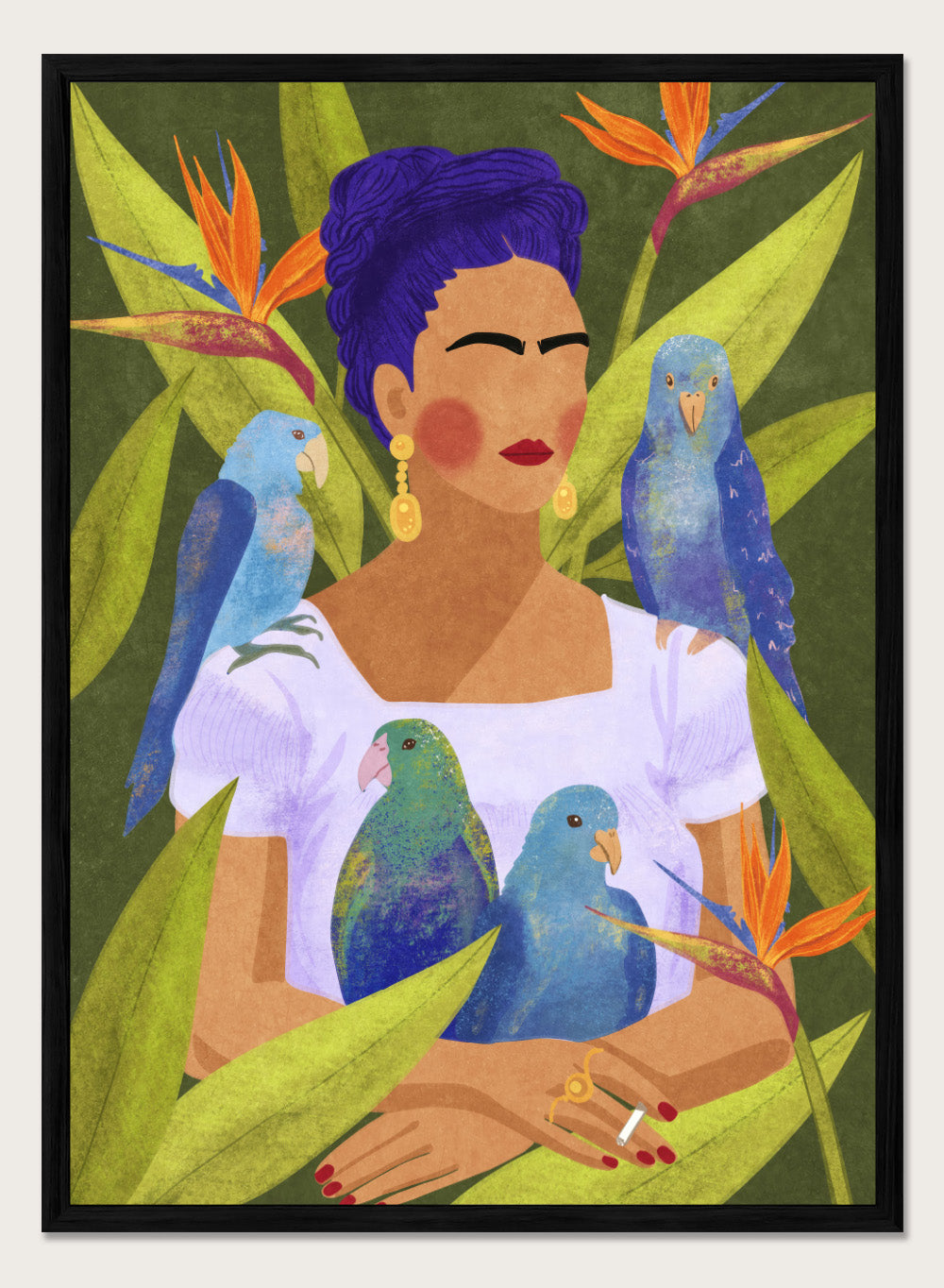 Artistic depiction of a woman with blue hair surrounded by parrots and tropical plants. Frida and Birds by Raissa Oltmanns is a modern Frida Kahlo inspired art print with tropical birds and bold botanical wall poster design.