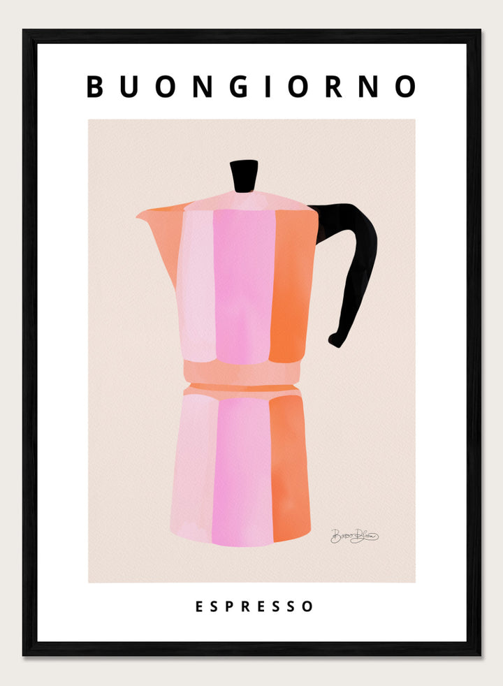 Colorful pink striped coffee maker with 'Buongiorno Espresso' text on a beige background. Buongiorno Espresso by Baroo Bloom is a modern coffee art print featuring a colorful moka pot illustration. Officially licensed wall poster with optional framing.
