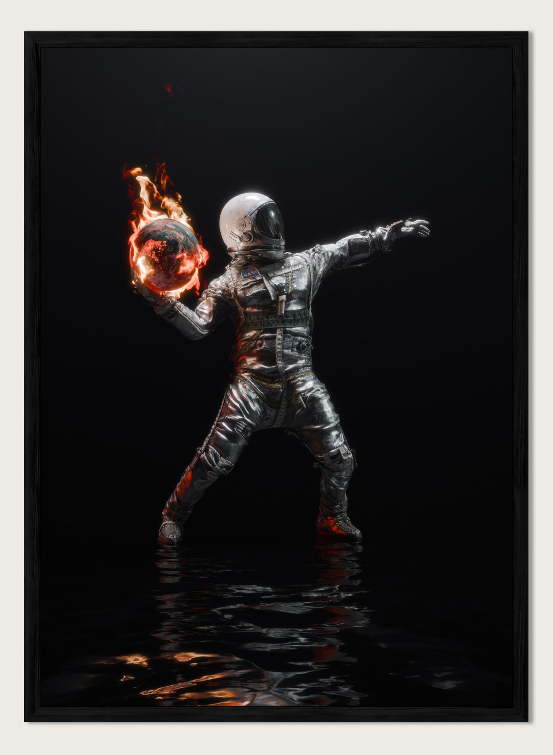Person in a silver suit holding a flaming sphere against a black background. Astronaut Burning Earth by Nicebleed is a surreal astronaut art print featuring a flaming planet, dark background, and modern sci-fi aesthetic poster design.