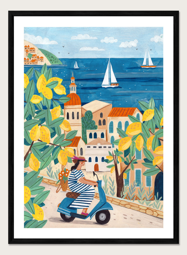 Illustration of a woman on a scooter with lemon trees and a coastal town in the background. Lemon Grove Scooter Ride by Caroline Bonne Müller summer coastal illustration art print with lemons, scooter and seaside town, colorful wall art poster
