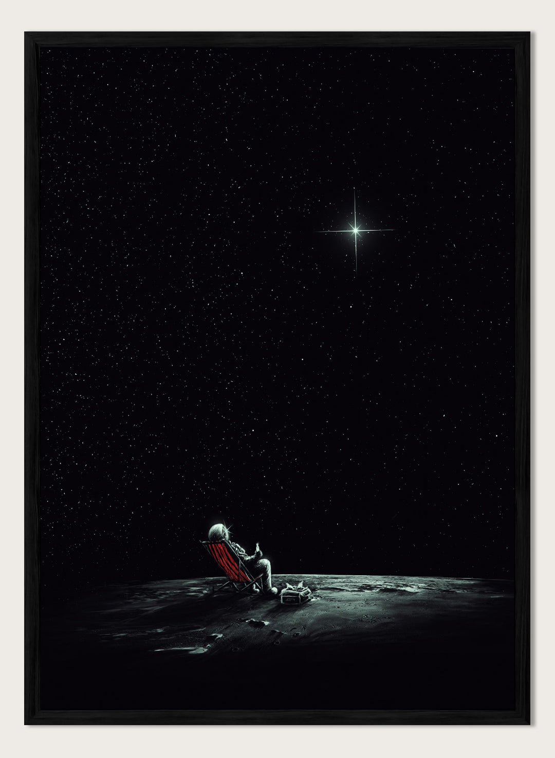 Person sitting on a chair under a starry sky. Astronaut Star Gazer by Nicebleed is a surreal space art print featuring a lone astronaut under a star-filled sky, modern aesthetic wall poster.