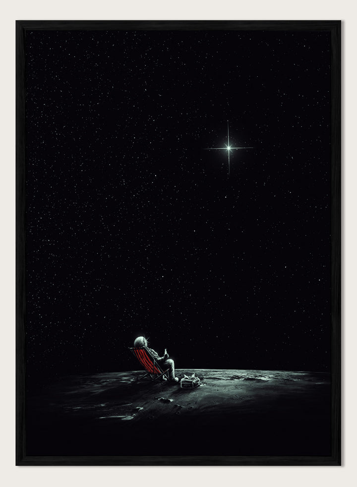 Person sitting on a chair under a starry sky. Astronaut Star Gazer by Nicebleed is a surreal space art print featuring a lone astronaut under a star-filled sky, modern aesthetic wall poster.