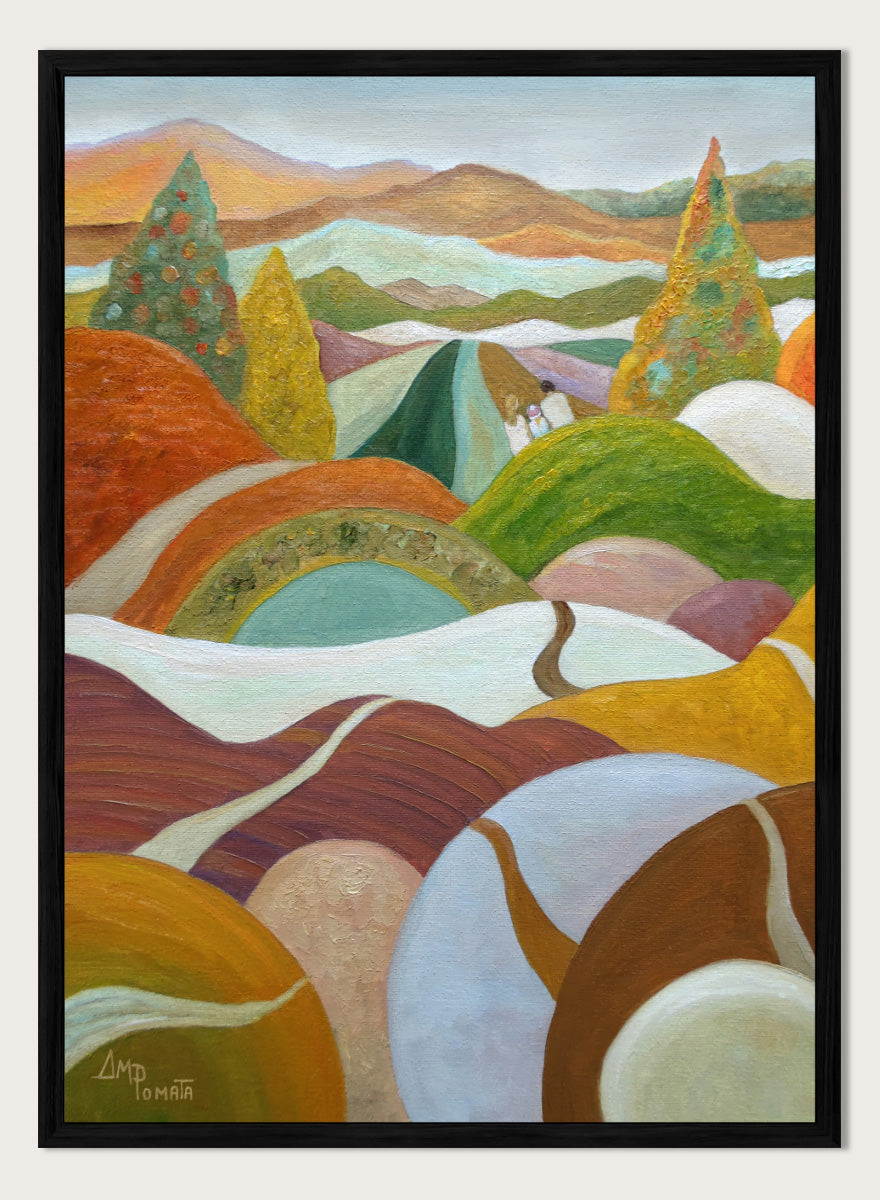 An abstract landscape painting featuring rolling hills, stylized trees, and distant mountains in a warm palette of orange, green, yellow, brown, and white. Shop Vibrant Hillside Path by Angeles M. Pomata, an autumn landscape art print with winding paths, rolling hills, and warm earthy tones.