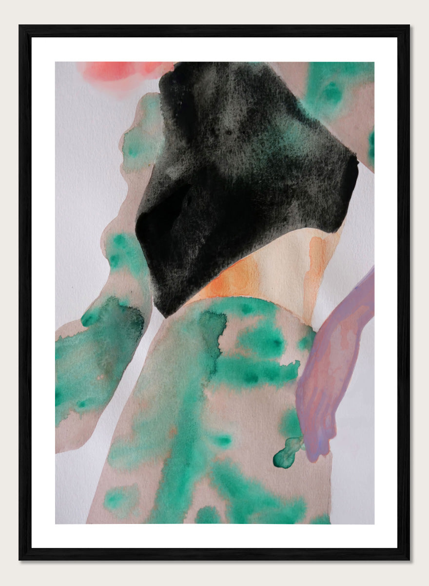 Shop Abstract Fashion Figure by Sophia Novosel, a modern figurative wall art print poster featuring a cropped woman, black top, and loose green and peach washes.