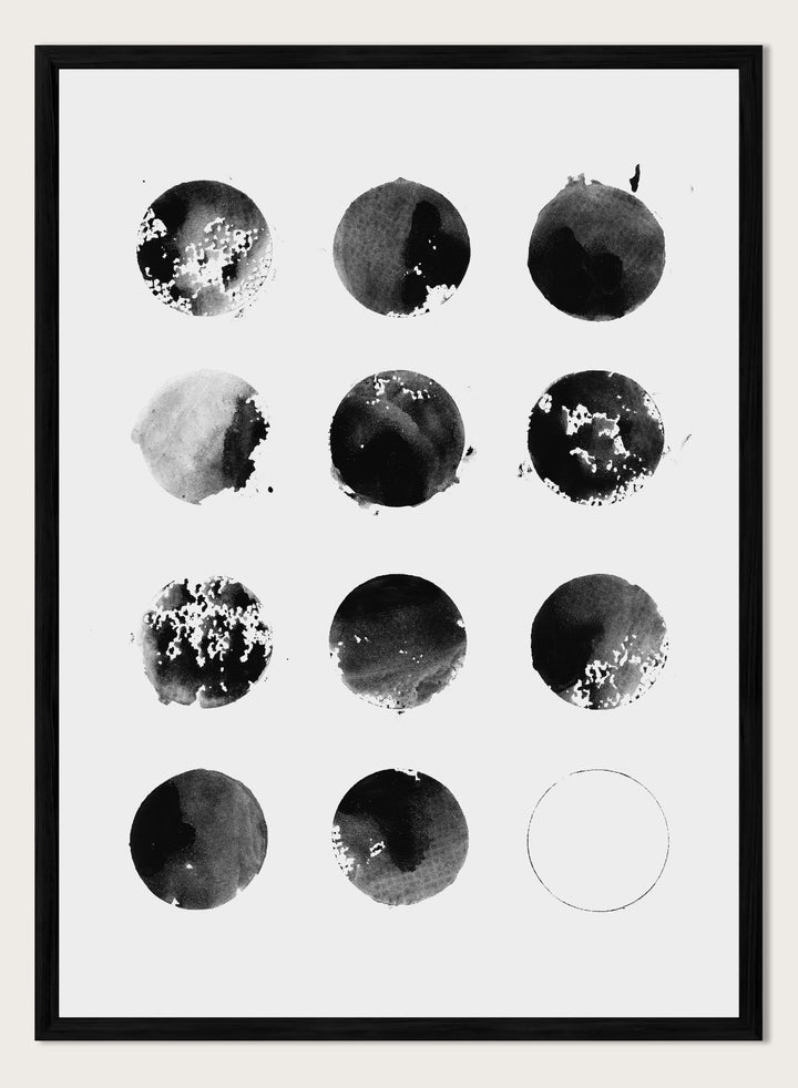 Black and white pattern of circular shapes on a textured background. Fluid Black Circles by Florent Bodart is a minimalist abstract art print with black ink circles, a modern black and white wall poster with graphic grid design.