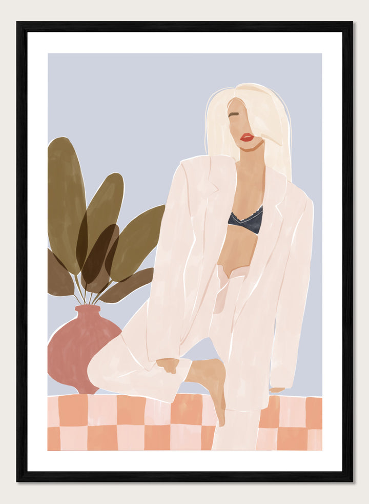 Too Lazy To Yoga by Ivy Green is a contemporary illustration art print featuring a relaxed woman in a minimalist interior. Premium fine art print with real wood framing.