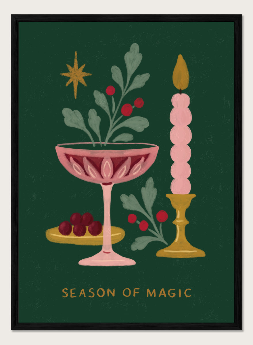 Shop Season of Magic by Katarzyna Gąsiorowska, a festive Christmas wall art print poster featuring a pink candle, berries, greenery, and holiday decor.