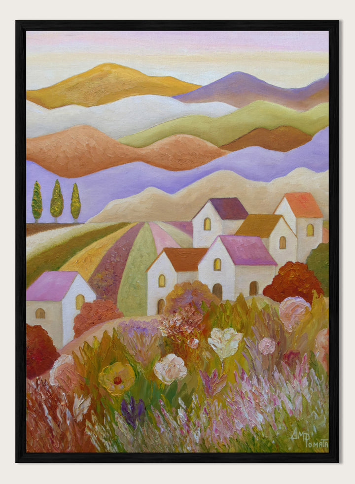A colorful landscape painting featuring rolling hills, stylized houses, cypress trees, and wildflowers in the foreground, rendered in a painterly impressionistic style. Shop Colorful Countryside Village by Angeles M. Pomata, an autumn landscape art print featuring white houses, rolling hills, wildflowers, and warm earthy tones.