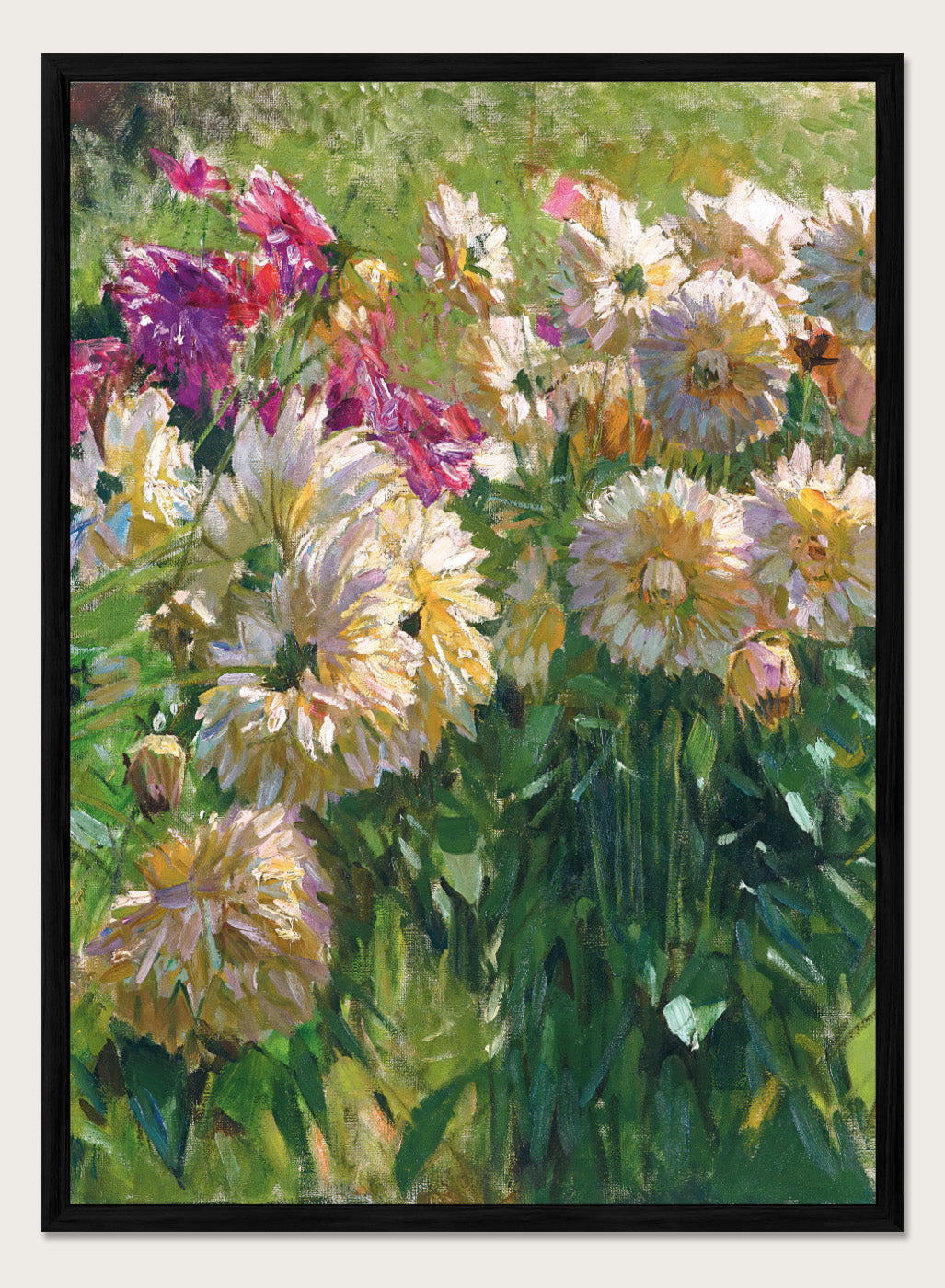 In “Dahlias” vintage art print, Carl Moll captures a vibrant cluster of garden flowers with bold brushwork and luminous color. Ivory, peach, and plum-colored dahlias fill the canvas, their petals nestled among dense green stems. This antique botanical poster is ideal for farmhouse and cottagecore interiors.