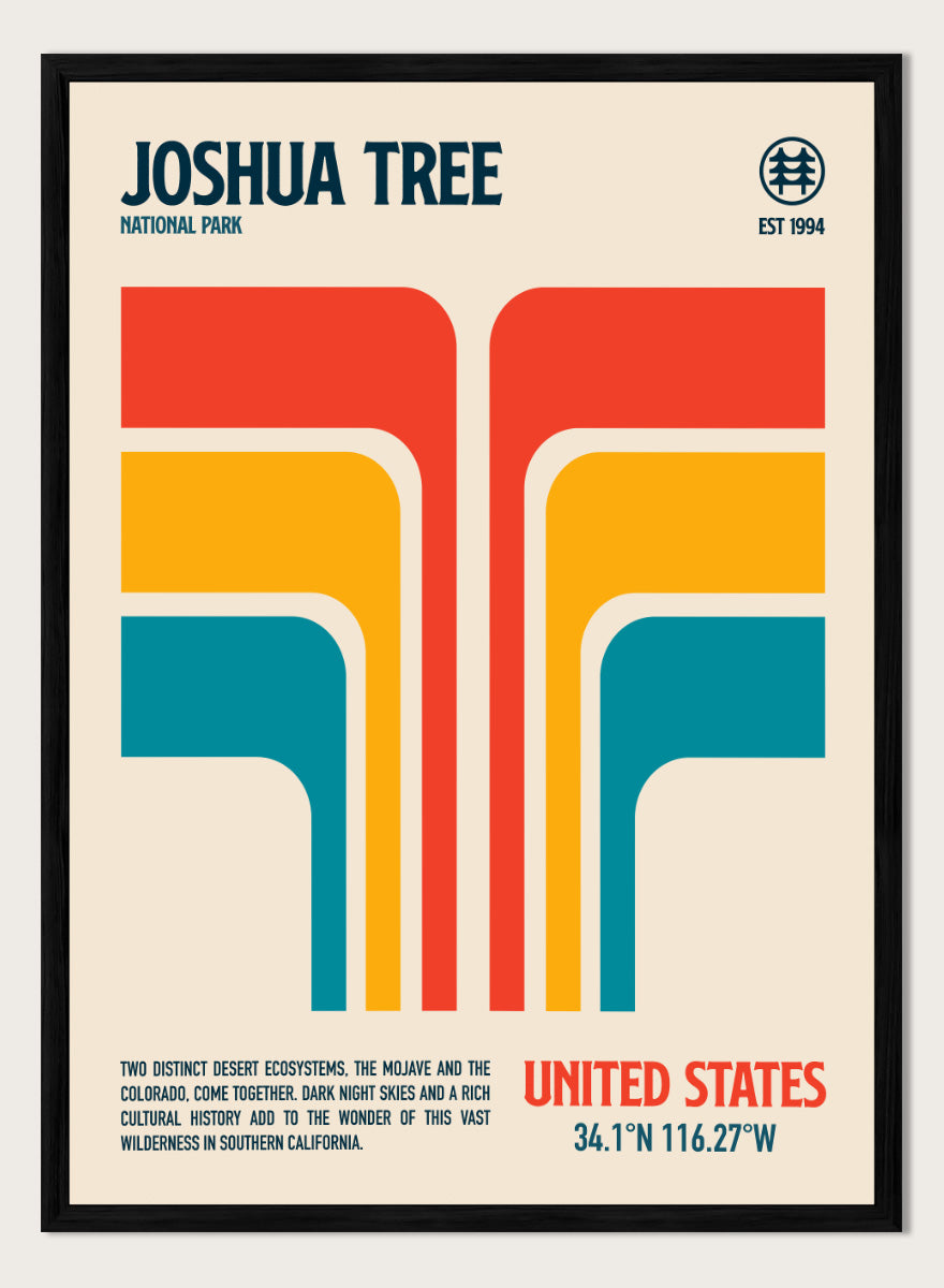 A retro-style poster for Joshua Tree National Park with bold geometric shapes in red, orange, yellow, and teal on a cream background, plus text reading &