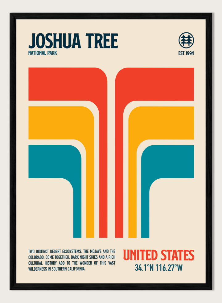 A retro-style poster for Joshua Tree National Park with bold geometric shapes in red, orange, yellow, and teal on a cream background, plus text reading &