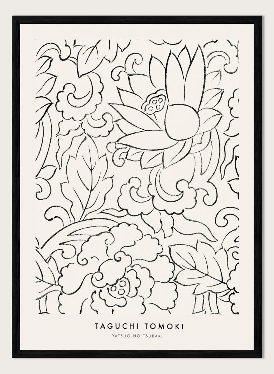 Floral Yatsuo no Tsubaki by Taguchi Tomoki is a vintage Japanese woodblock art print featuring stylized flowers, curling leaves, and elegant black linework.